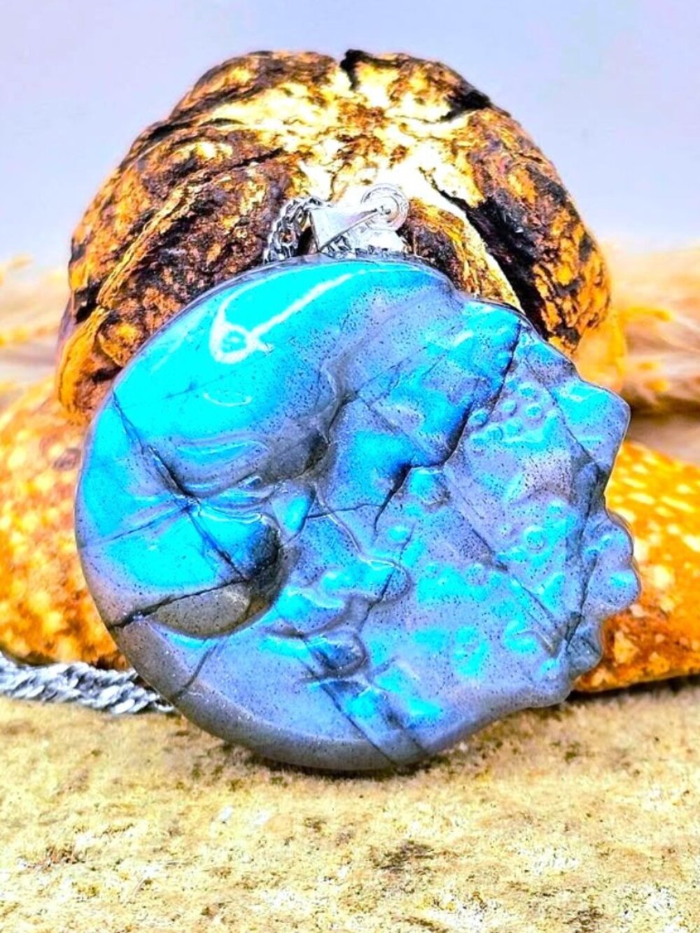 Labradorite Crescent Moon Carved Pendant Flashy Crystal Necklace 1.3 Inch
